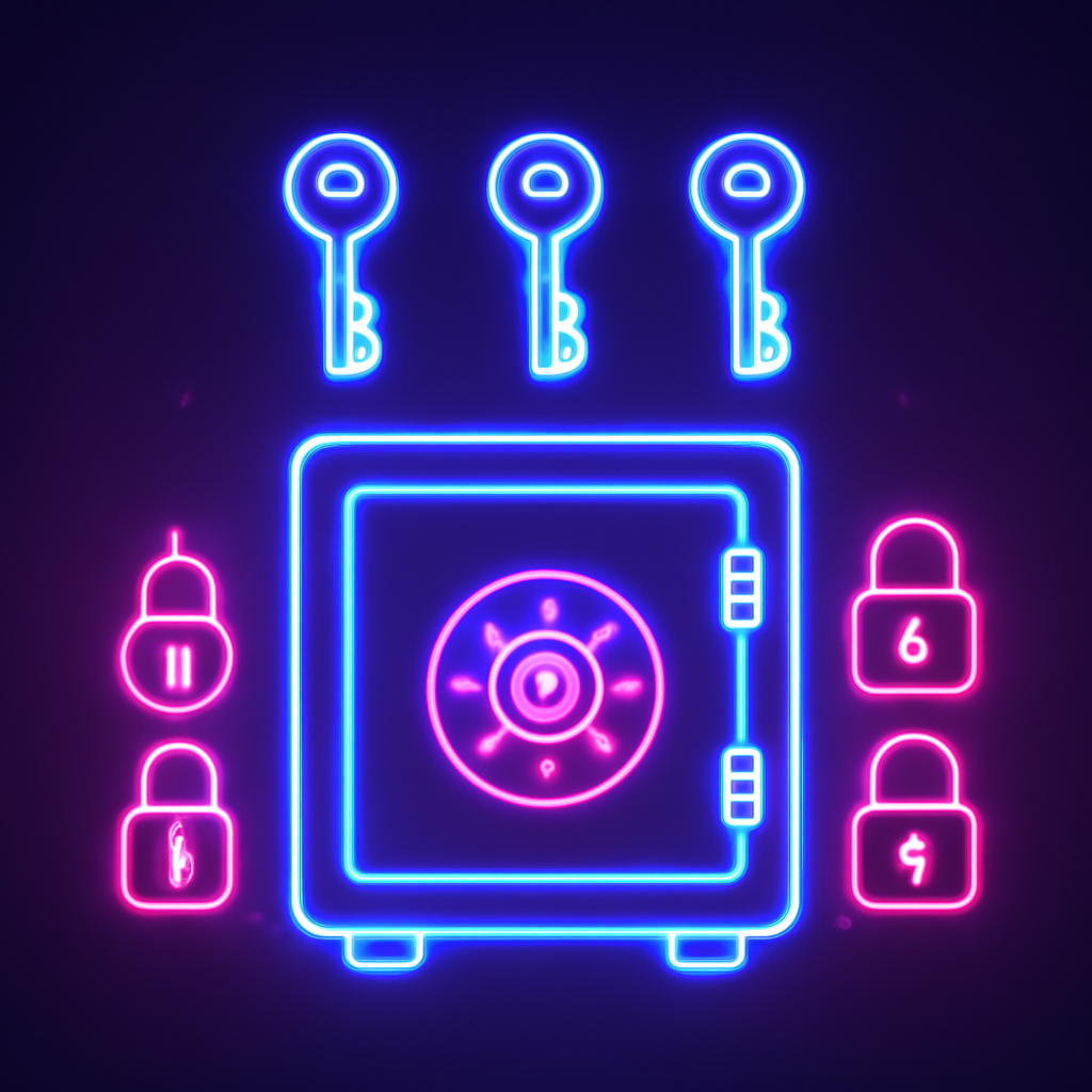 glowing secure vault with multisig keys and locks, cyberpunk neon lights, high tech security theme