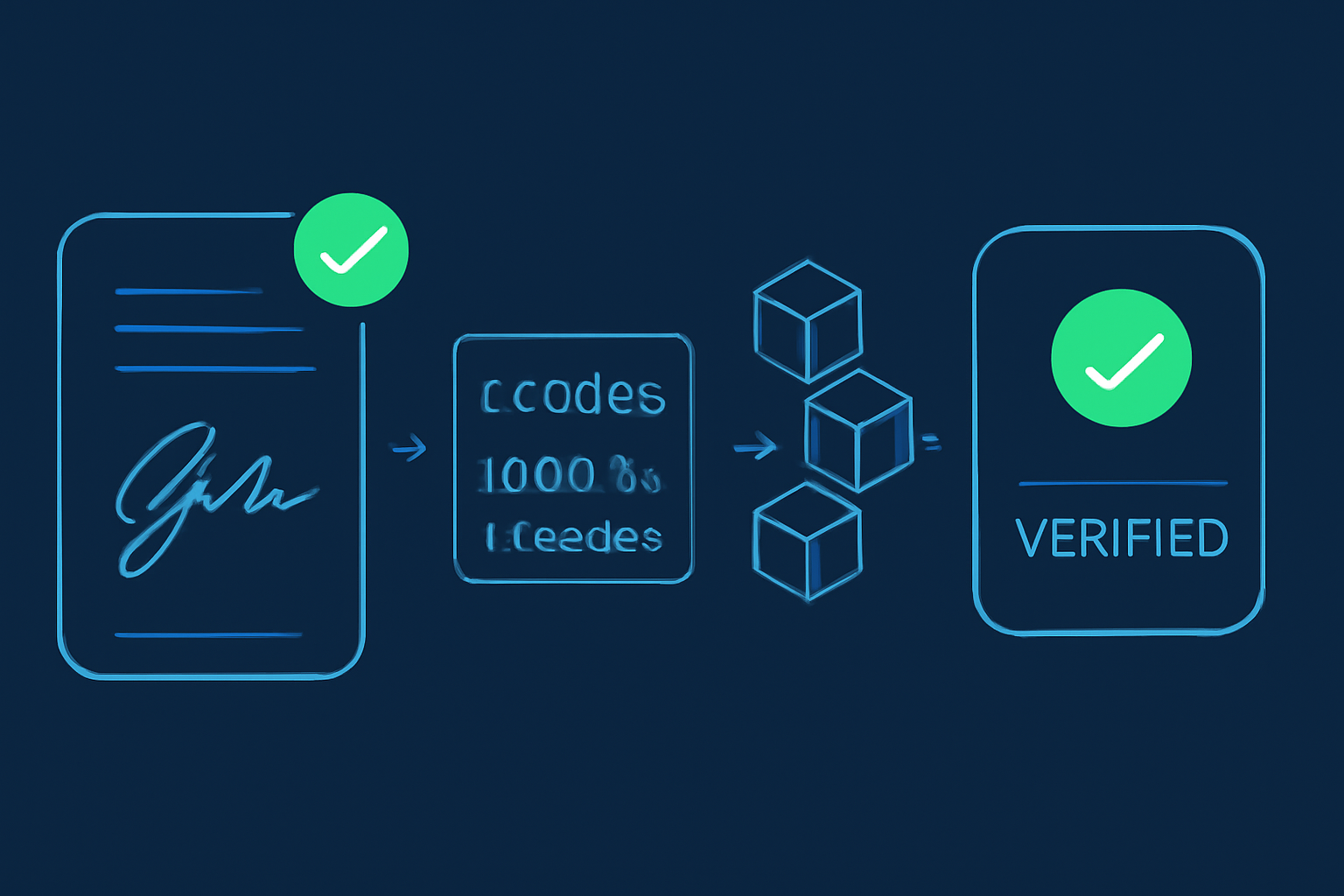 digital signature verification process with checkmarks and code snippets, futuristic blockchain interface