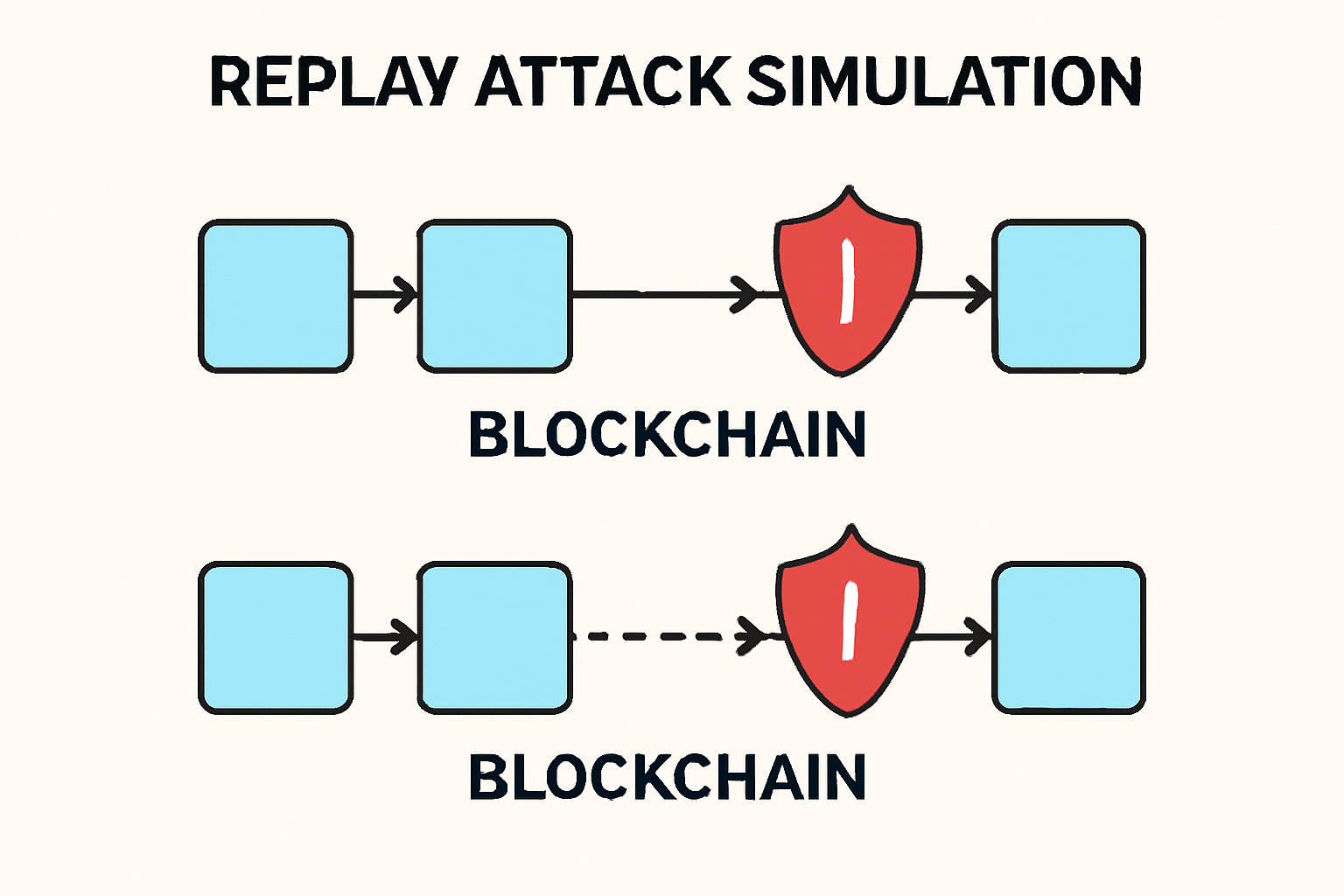 replay attack simulation with blocked arrows between blockchain chains, red warning shields