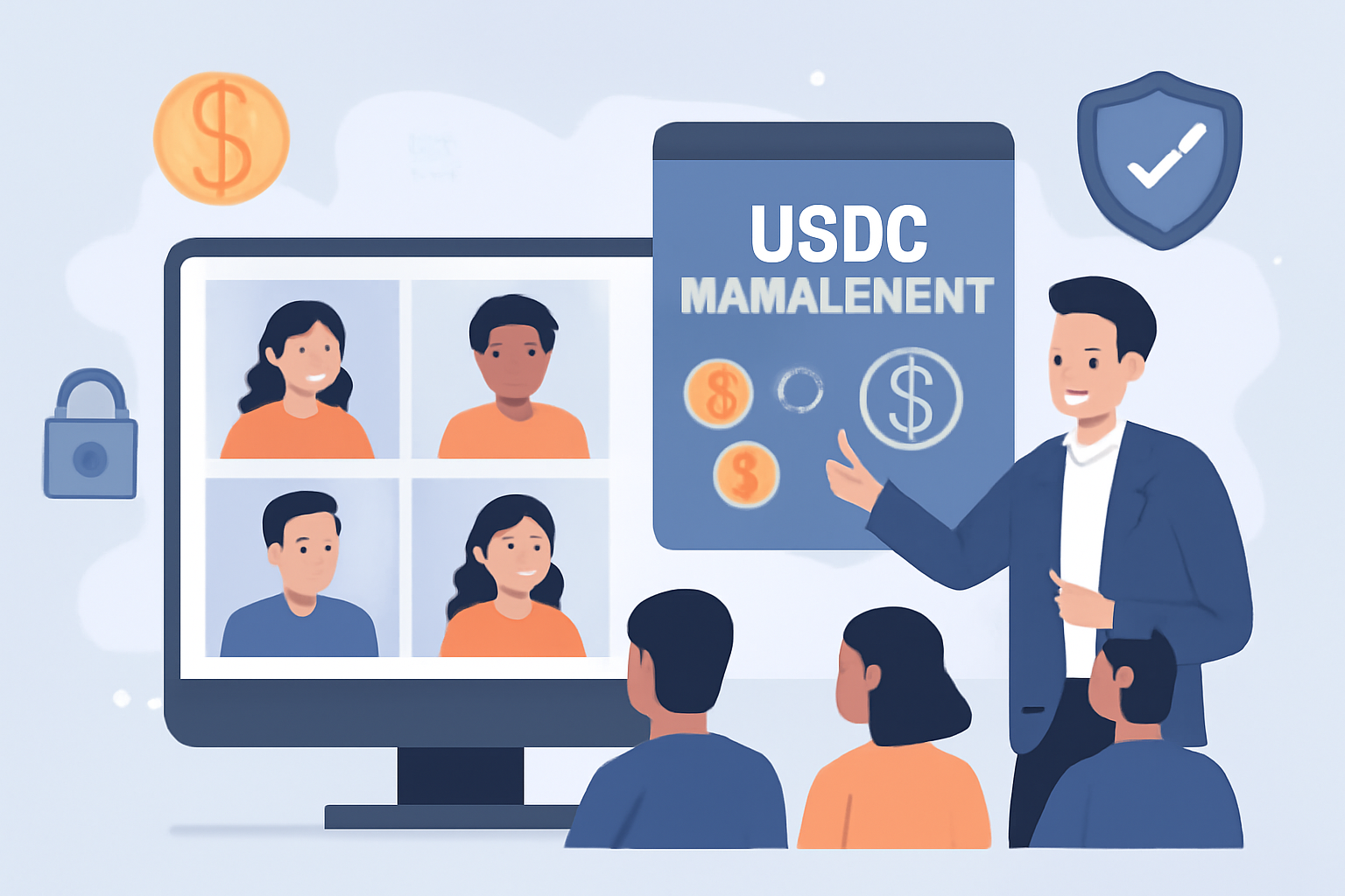 A virtual training session with a presenter explaining USDC management to remote team members, with security icons and currency exchange graphics.