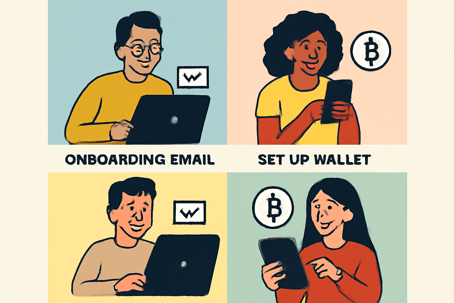 A diverse group of remote workers receiving onboarding emails, setting up crypto wallets on their devices, and smiling.