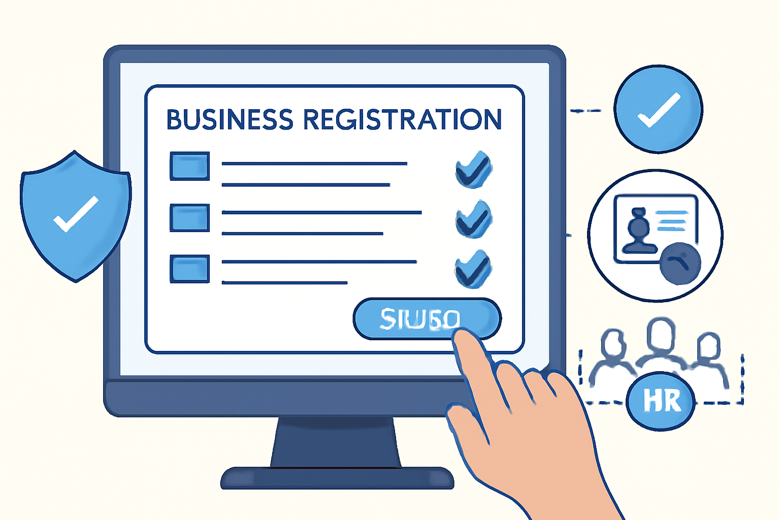 A business registration form being filled out on a computer, with digital verification icons and HR system integration graphics.