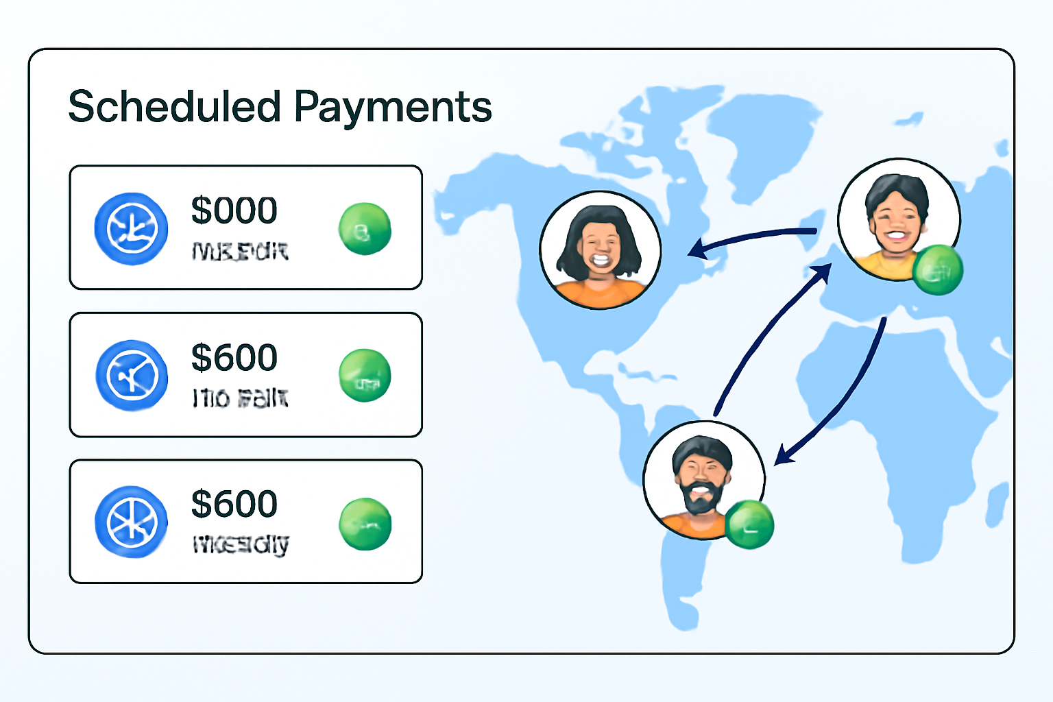 A dashboard showing scheduled USDC payments being sent instantly across the globe, with compliance checkmarks and happy recipients.