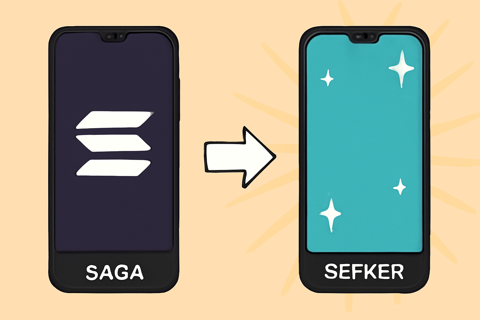 Solana Saga phone beside shiny new Seeker phone, crypto ecosystem transition, motivational glow