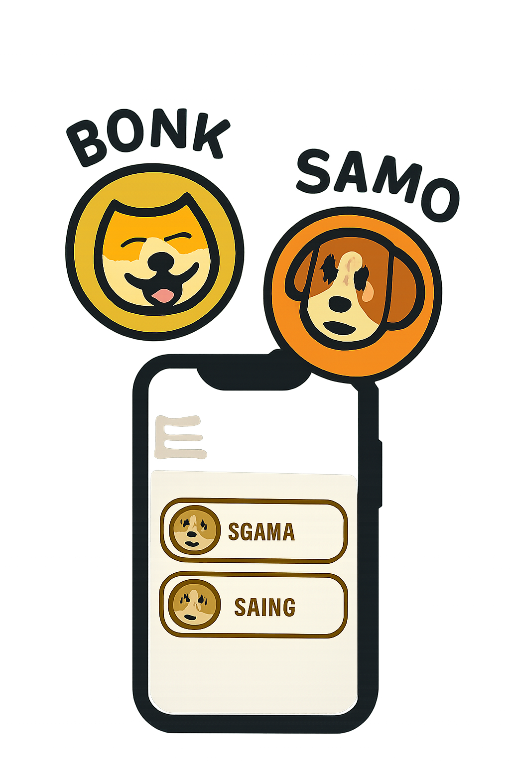 BONK and SAMO token icons popping up in Solana mobile wallet, meme dog vibes