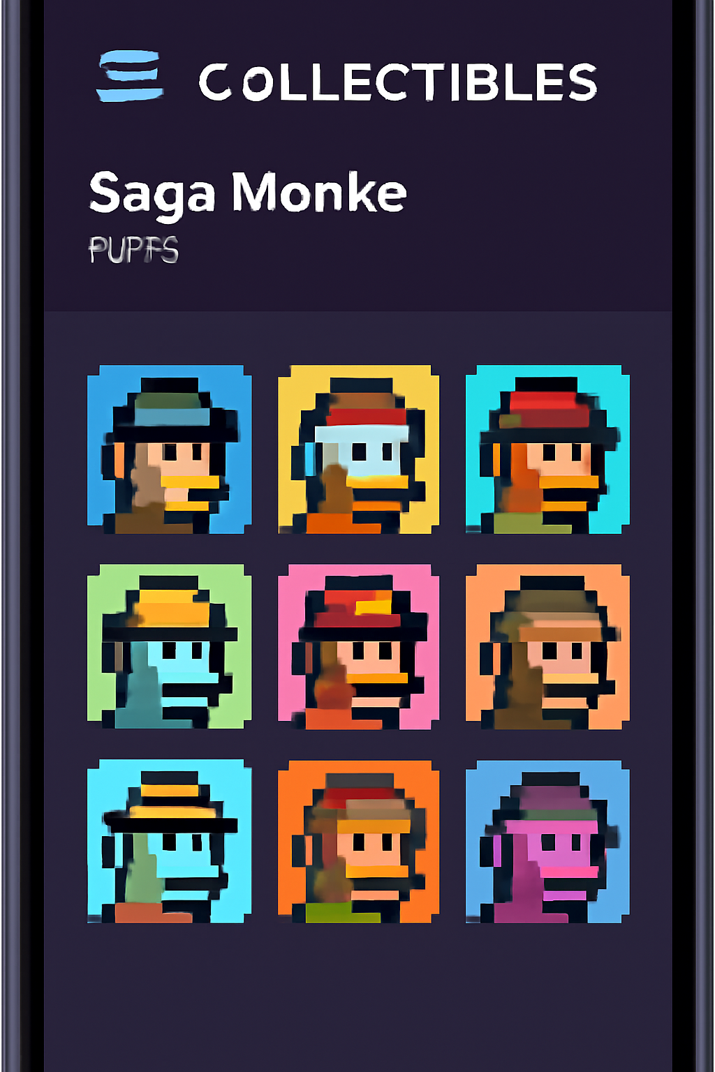 Pixel art Saga Monke NFT collection in Solana wallet on mobile, vibrant 16x16 apes