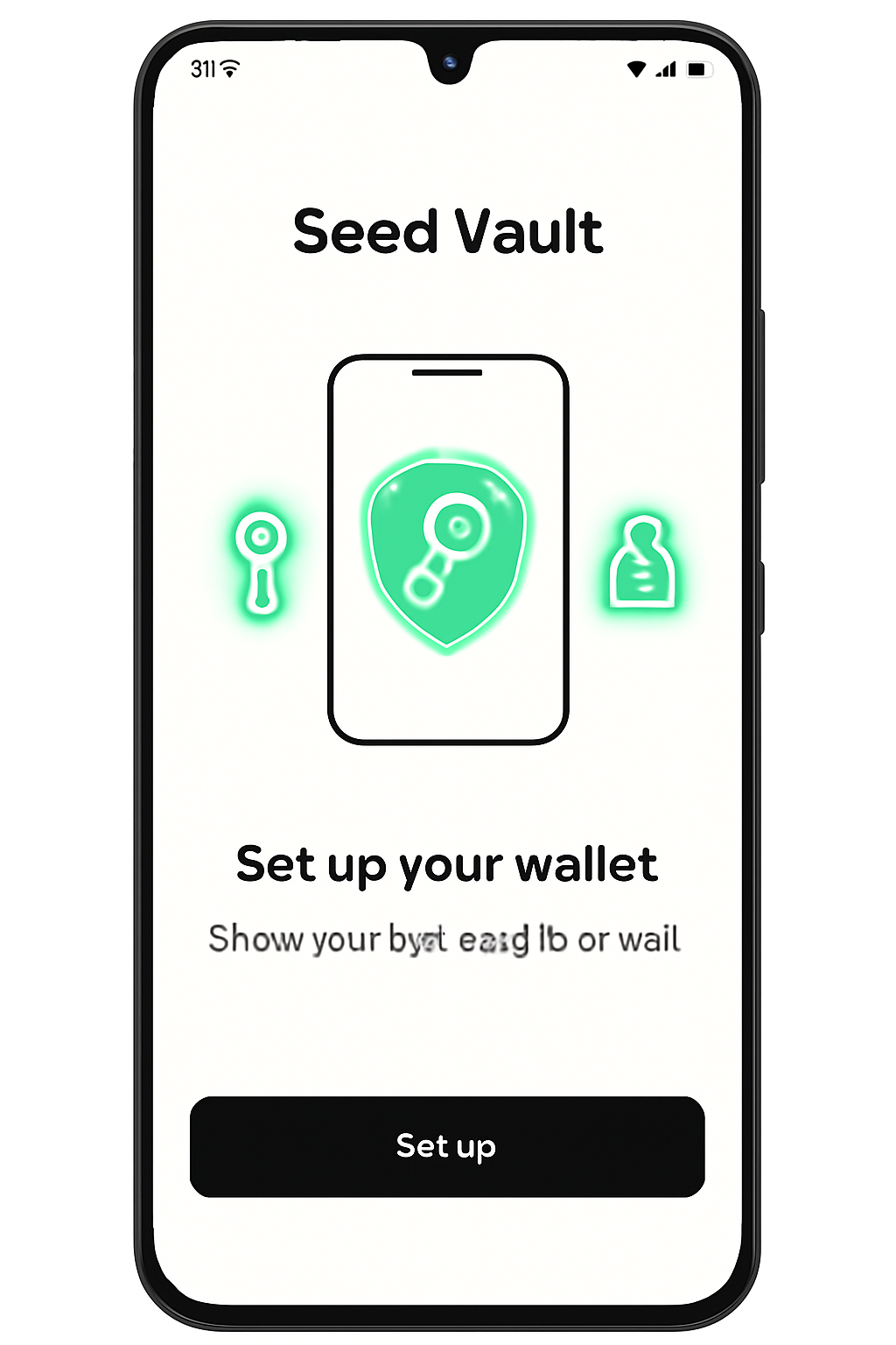 Seed Vault wallet setup screen on Solana Saga phone, secure key icons glowing