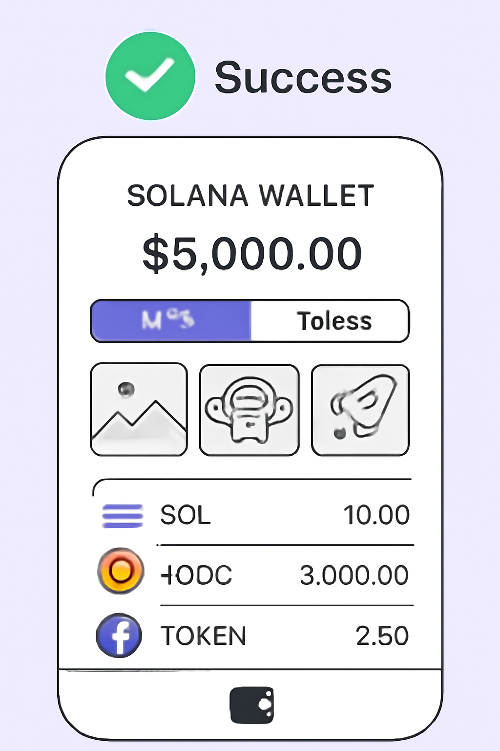 Solana wallet balance screen showing NFTs and tokens, checkmark verification success