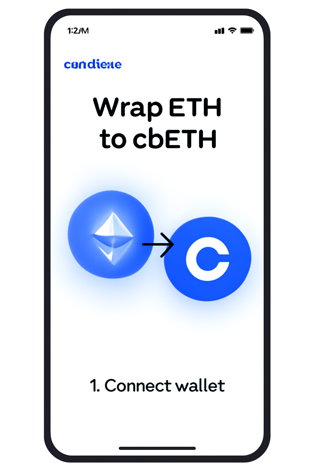 Coinbase app screen wrapping ETH to cbETH, glowing tokens, clean interface