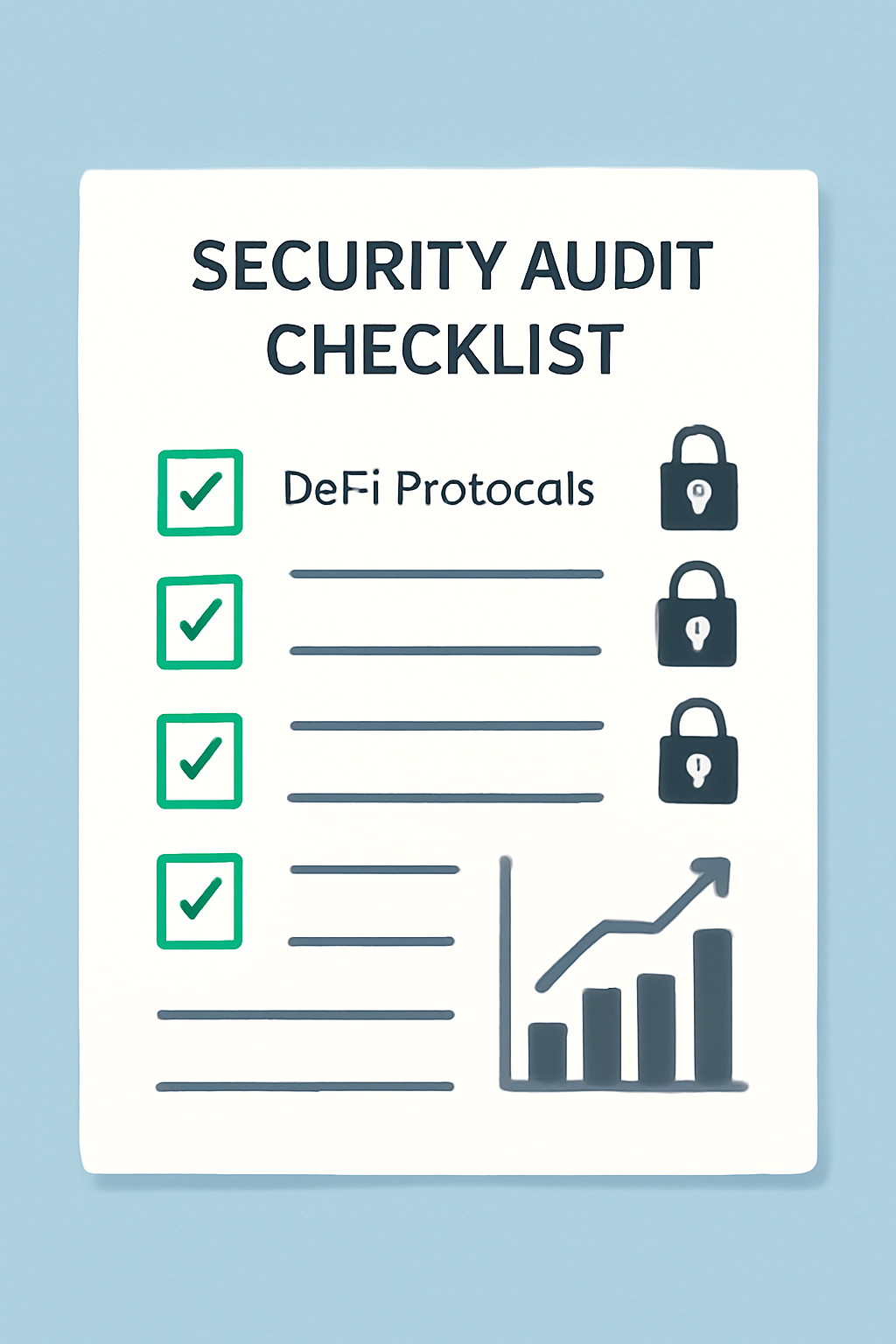 security audit checklist with green checks for DeFi protocols, padlock icons, professional chart