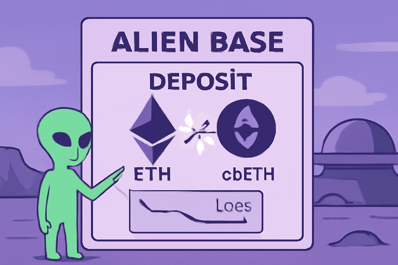 Alien Base vault deposit screen with ETH and cbETH icons fusing, minimal loss graph