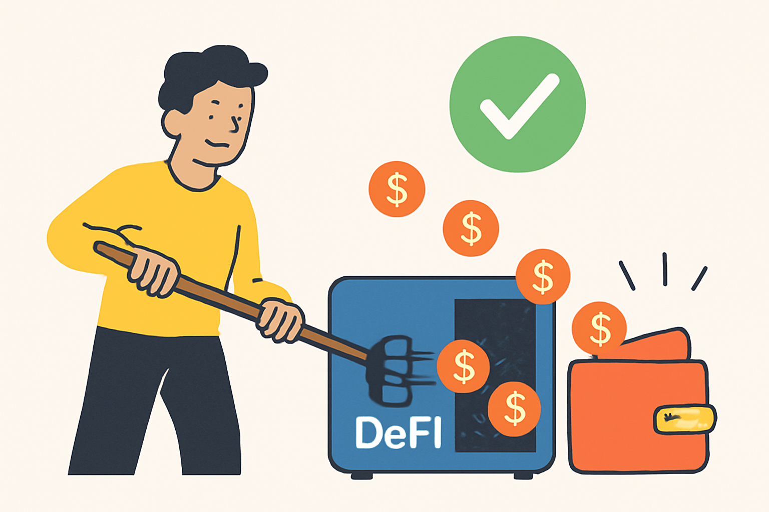 user harvesting DeFi rewards, tokens flowing out of vault to wallet, success animation