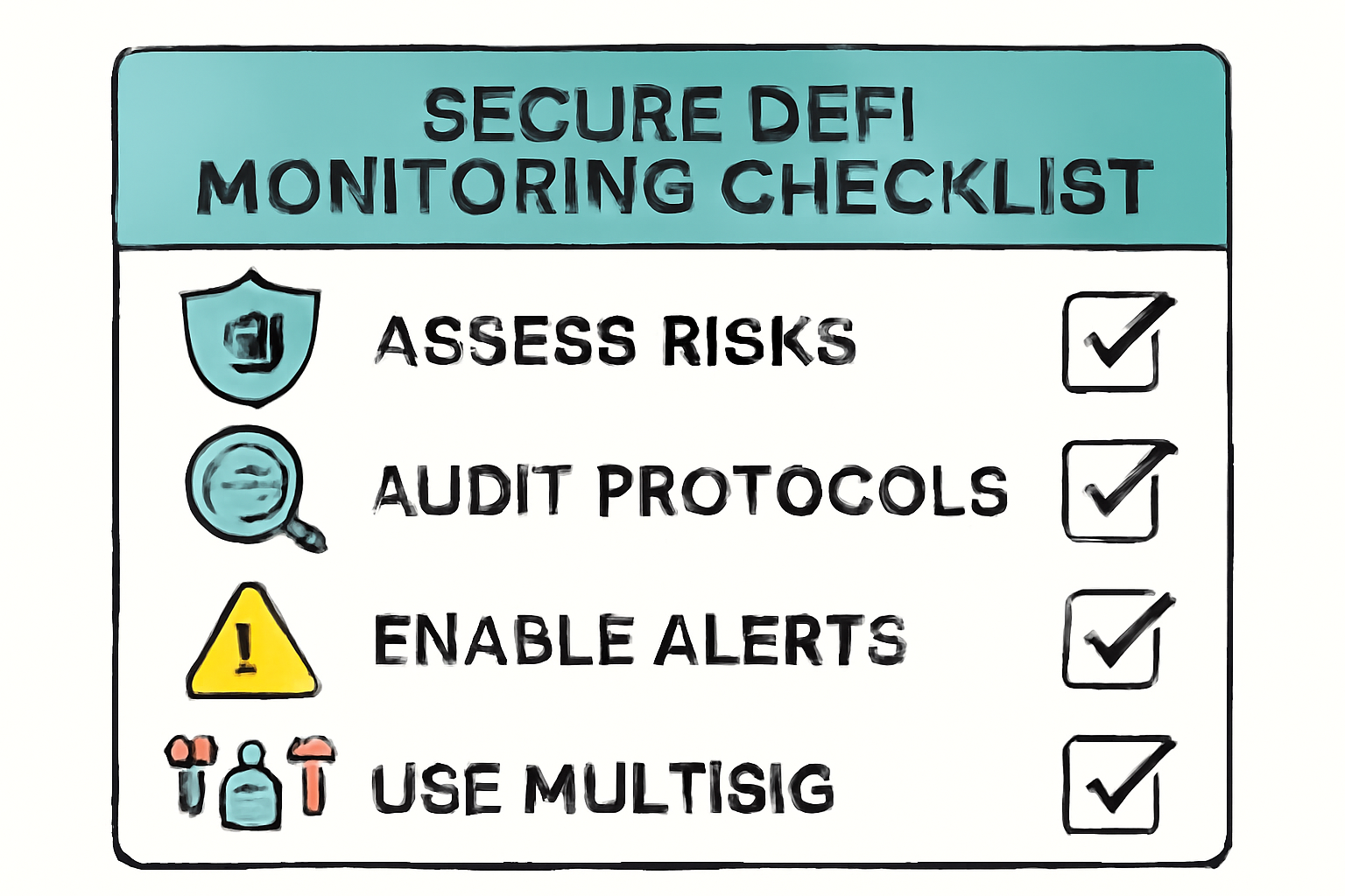 secure defi monitoring checklist with safety icons