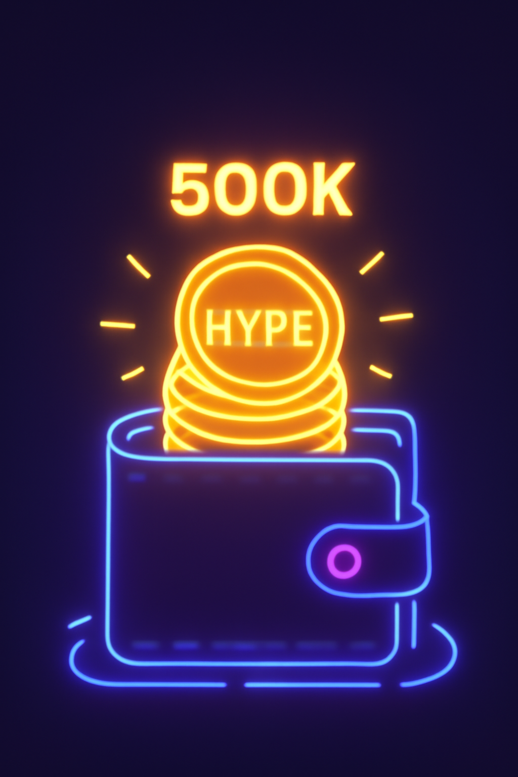glowing stack of 500k golden HYPE crypto tokens in futuristic wallet, neon lights, cyberpunk style