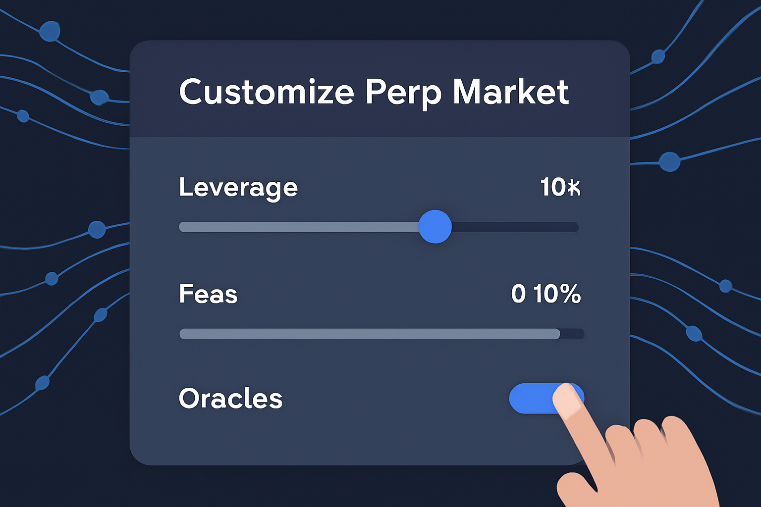 customizing perp market settings sliders for leverage fees oracles on sleek UI, data streams flowing