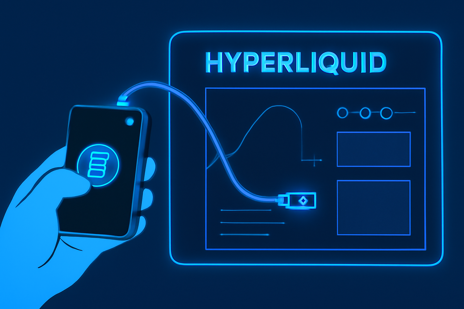 user connecting sleek crypto wallet to glowing Hyperliquid dashboard interface, blue neon UI, high-tech
