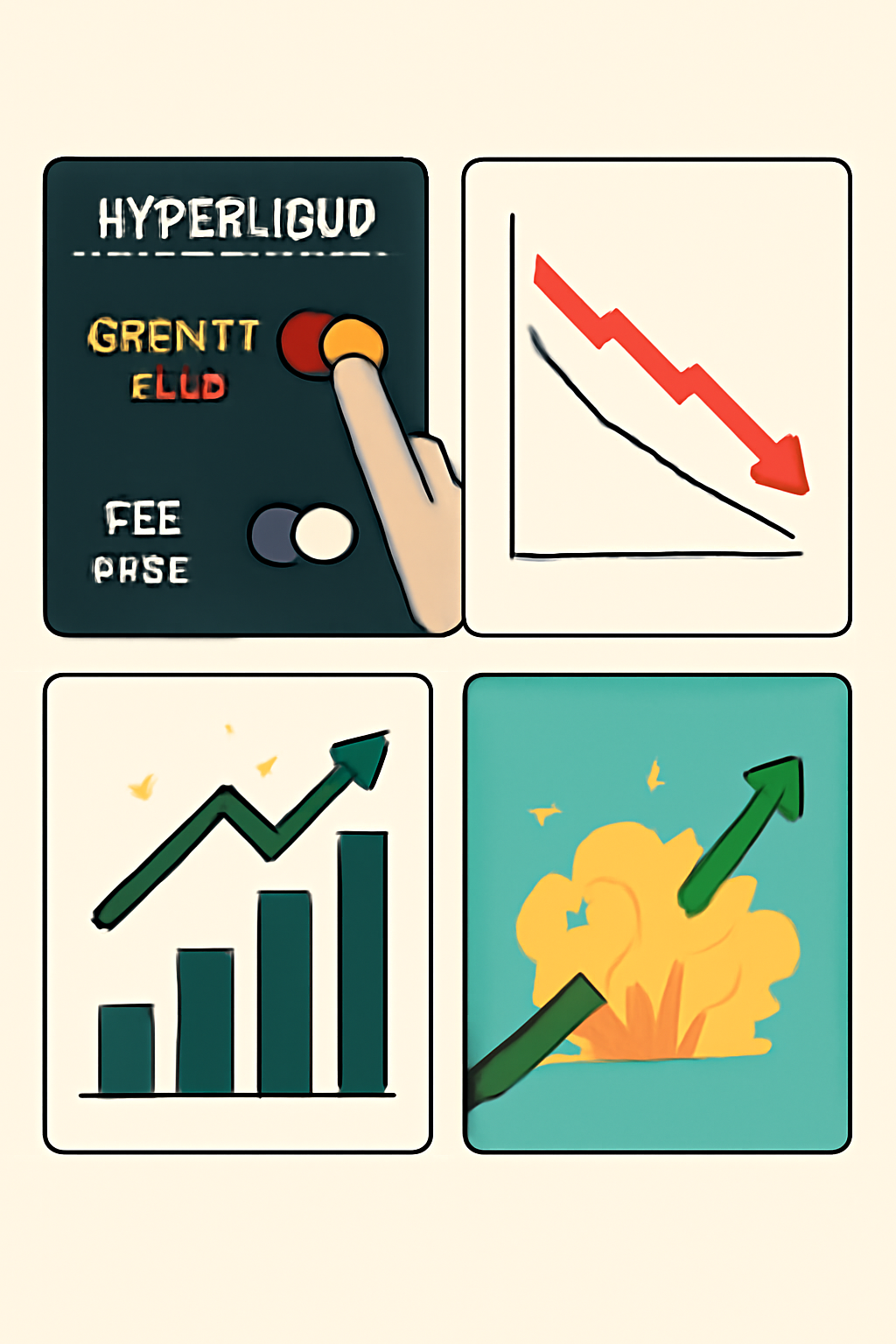 activating growth mode switch on Hyperliquid panel, fees dropping dramatically graph, explosive growth visuals
