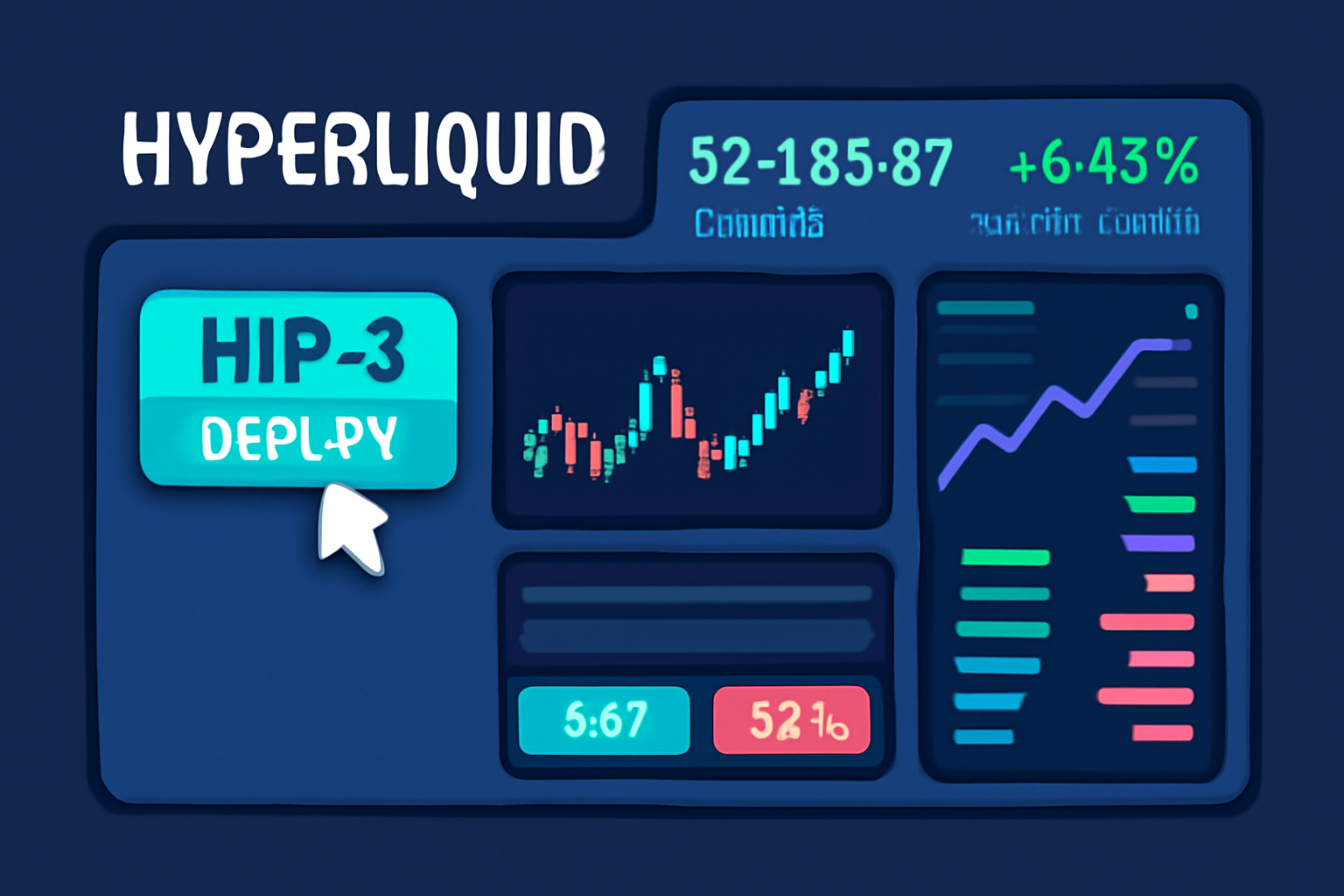 Hyperliquid app dashboard highlighting HIP-3 deploy button, futuristic trading interface, vibrant charts