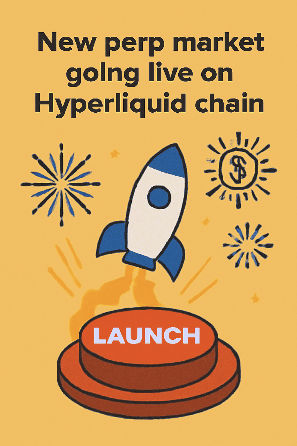 launch button exploding with rocket, new perp market going live on Hyperliquid chain, fireworks crypto style