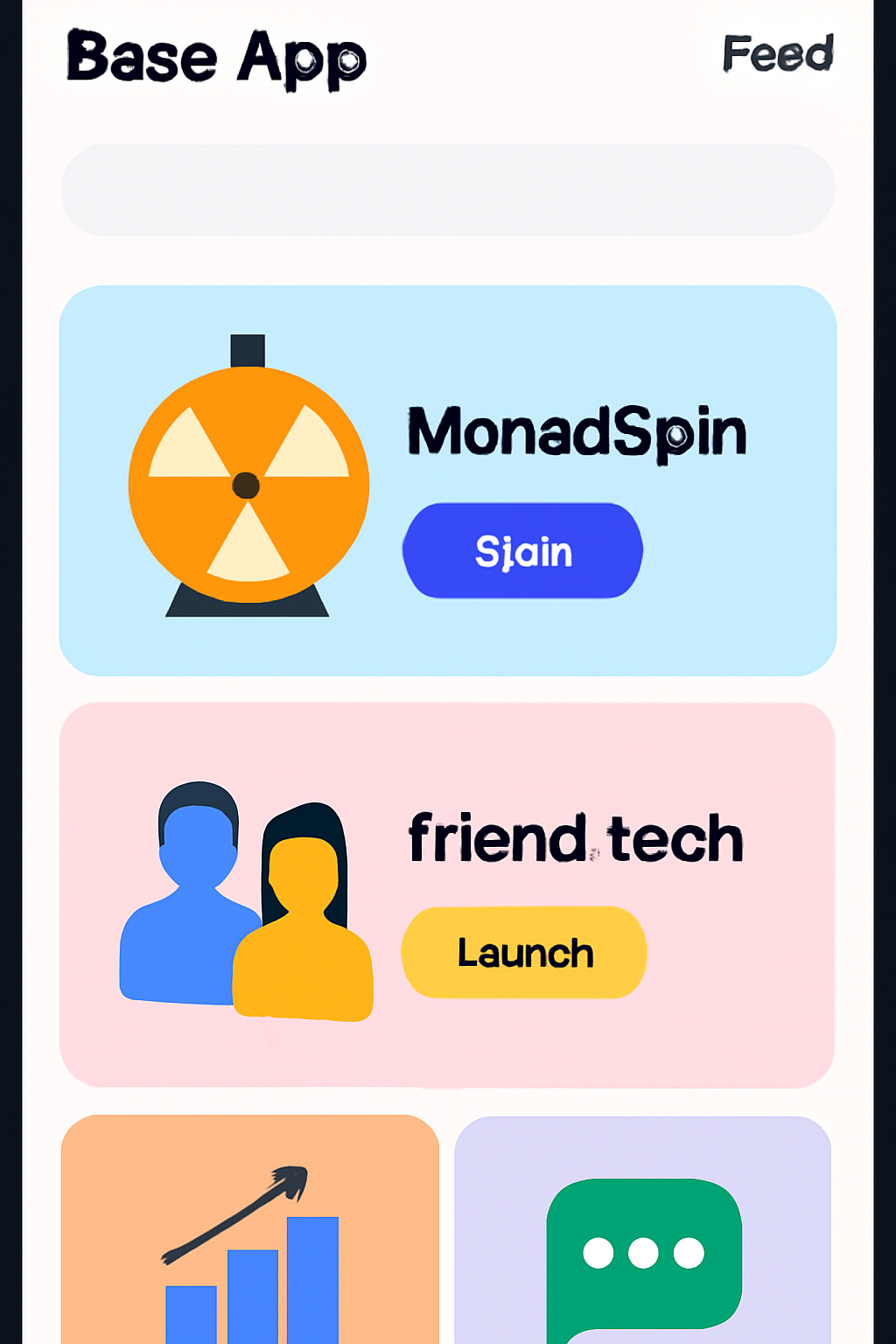 A close-up of the Base App feed displaying colorful miniapp preview cards for MonadSpin, friend.tech, and others. Modern, engaging visuals.