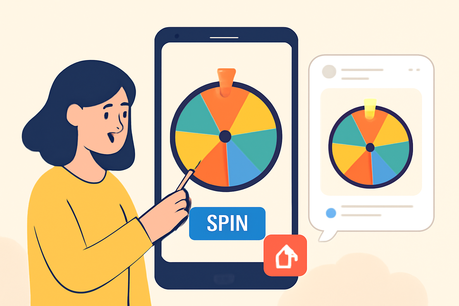 A user interacting with a miniapp (e.g., spinning a wheel), with a share button highlighted and a preview of the shared post. Friendly, social vibe.