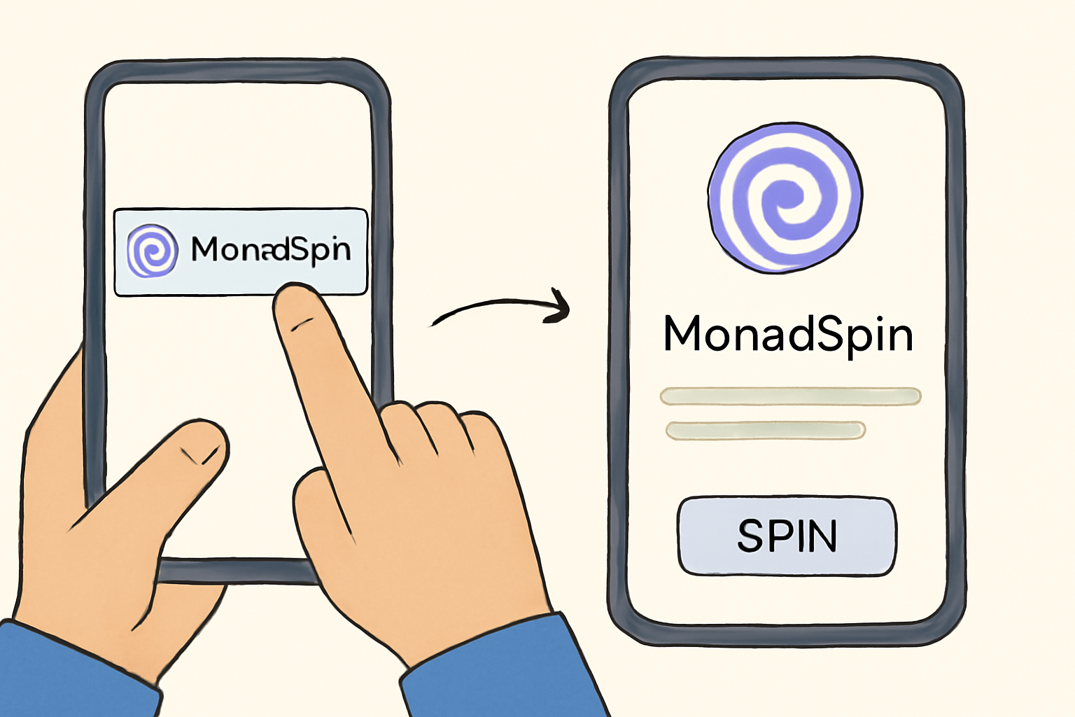 A user tapping on the MonadSpin miniapp card, which expands to fill the screen with an interactive interface. Sleek, seamless transition.