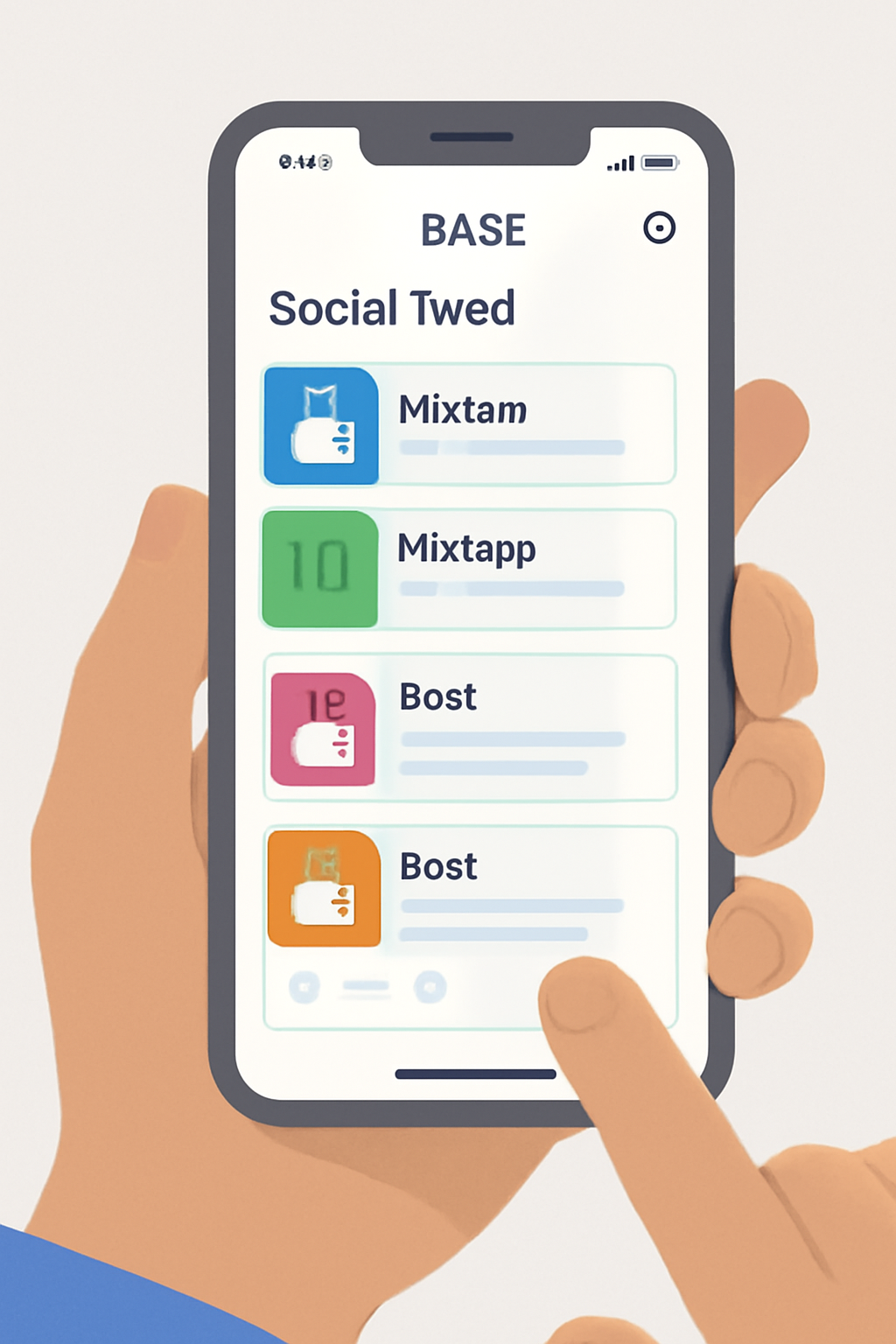 A user scrolling through a vibrant social feed within the Base App, showing miniapp cards and posts. Minimalist, tech-focused design.