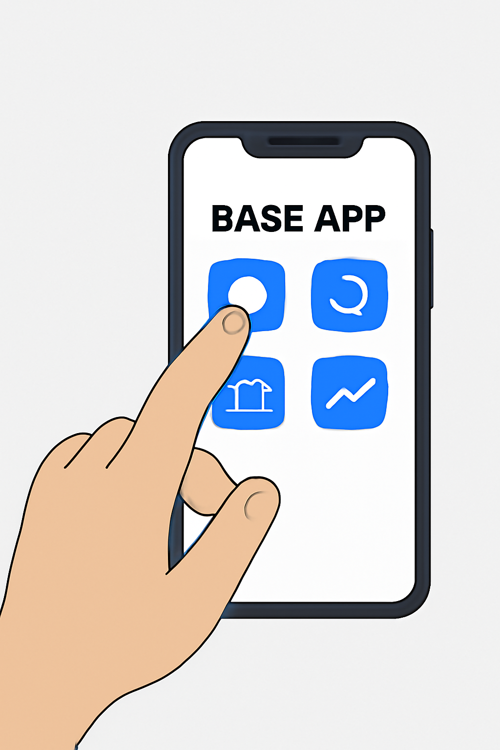 A smartphone displaying the Base App home screen, with a user tapping the app icon. Clean, modern UI, web3 style.