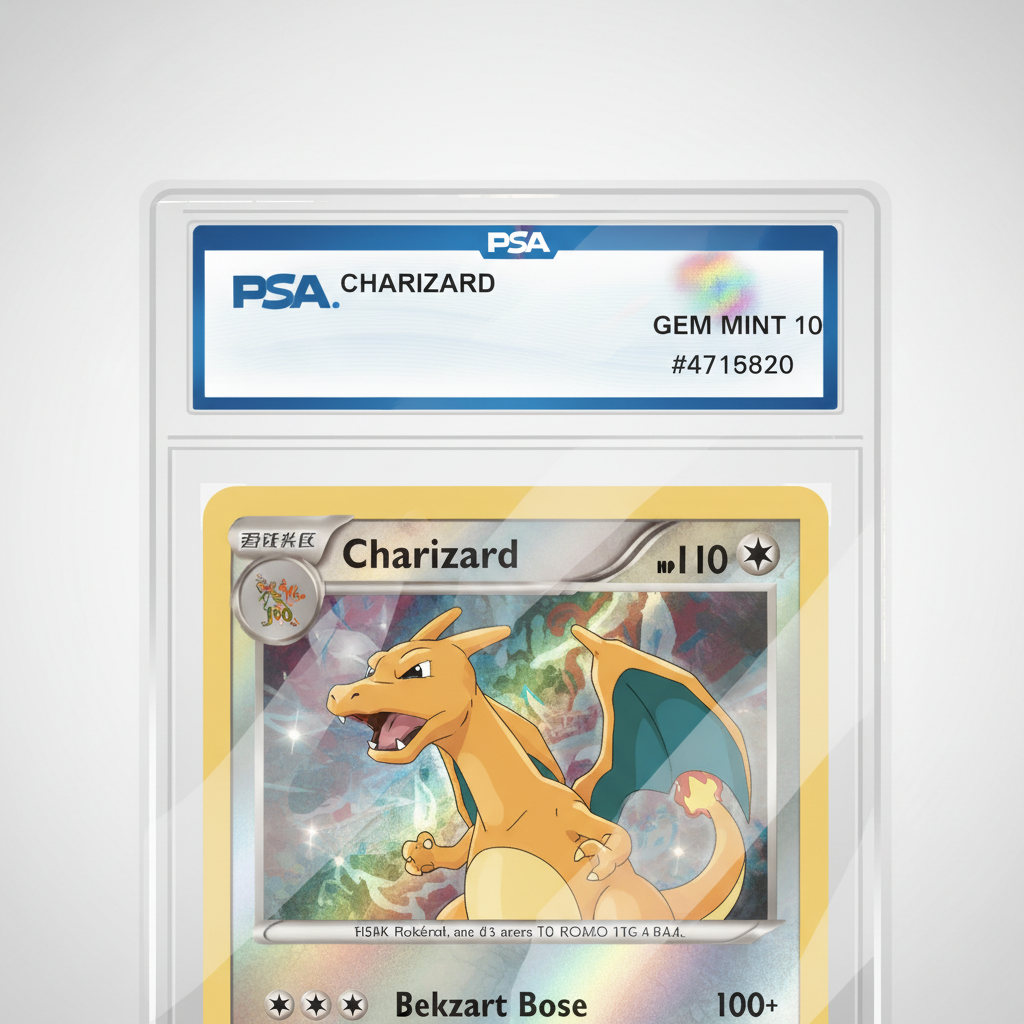 PSA graded Pokemon card slab closeup, holographic label, professional lighting, realistic