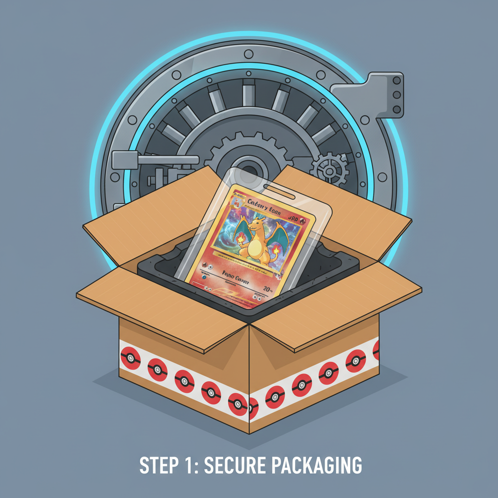 Secure shipping box with Pokemon card, vault entrance background, professional packaging, photorealistic