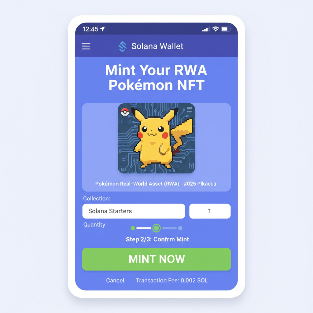Solana wallet minting screen for Pokemon RWA NFT, blockchain interface, green success button, screenshot style
