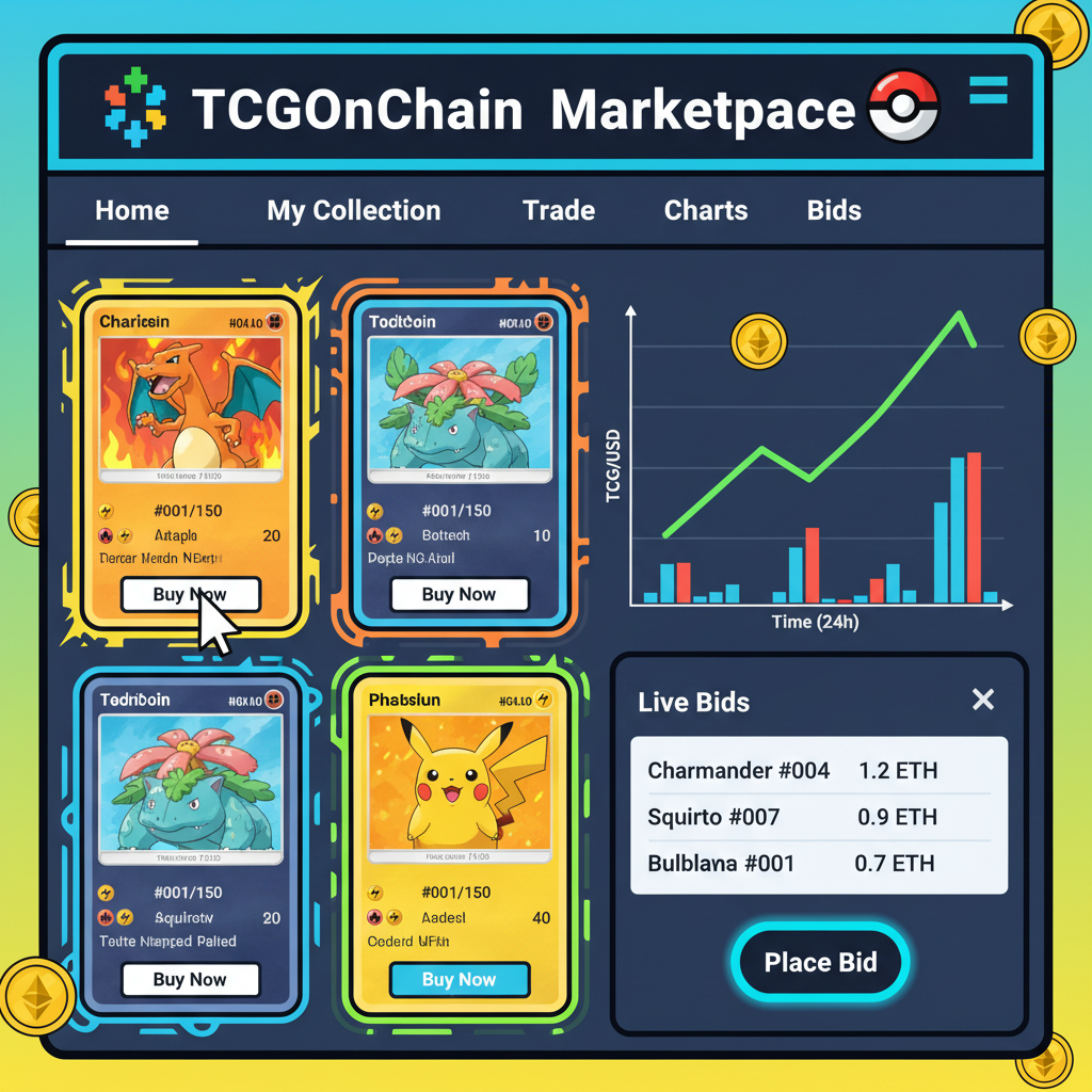 TCGOnChain marketplace trading Pokemon NFT, charts and bids, vibrant UI screenshot, energetic design