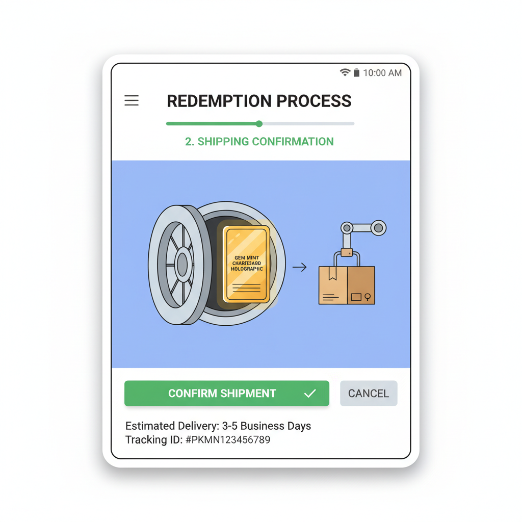 Redemption process screen, Pokemon card shipping out of vault, confirmation UI, realistic screenshot