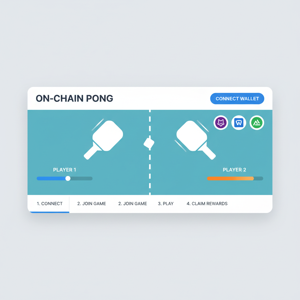 React app dashboard for on-chain Pong, paddles moving, Web3 wallet connect button