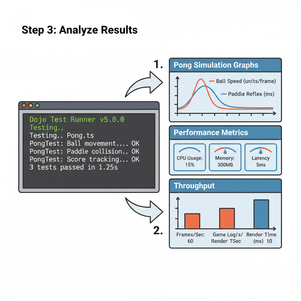 terminal running Dojo tests, Pong simulation graphs, performance metrics dashboard