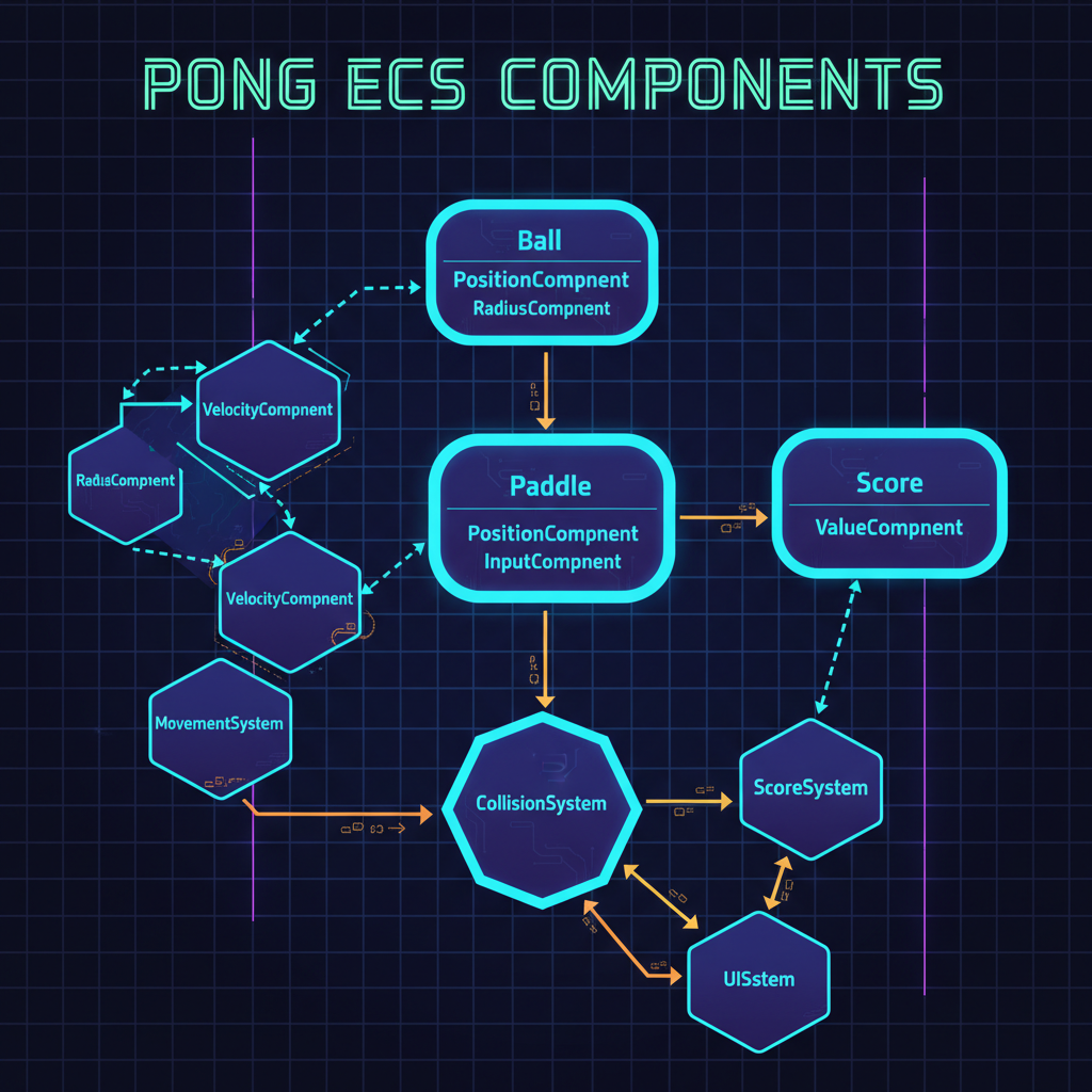 UML diagram of Pong ECS components: ball paddle score, connected nodes, cyberpunk style
