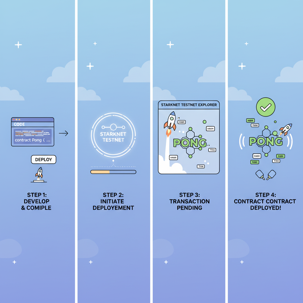 blockchain deployment animation, Starknet testnet explorer with Pong contract, rocket launch