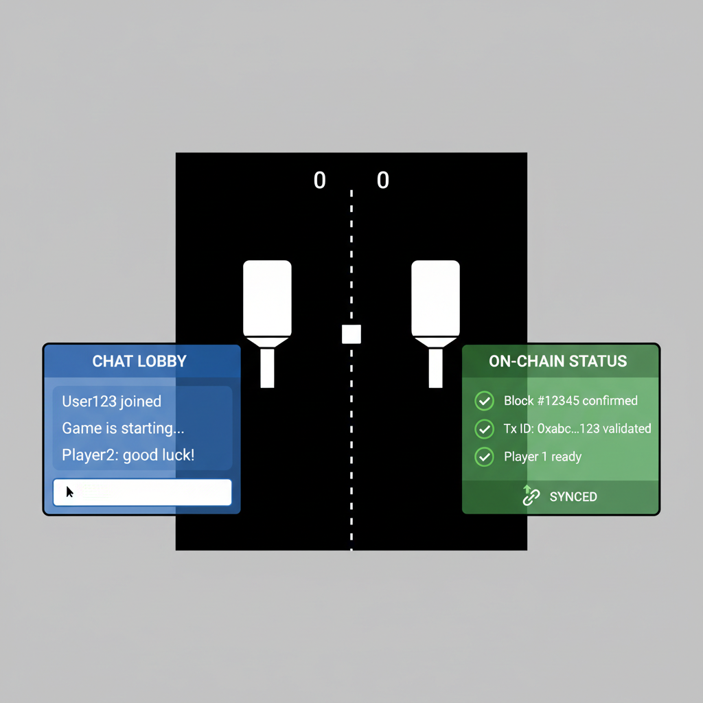 multiplayer Pong game screenshot with two paddles, chat lobby UI, on-chain indicators