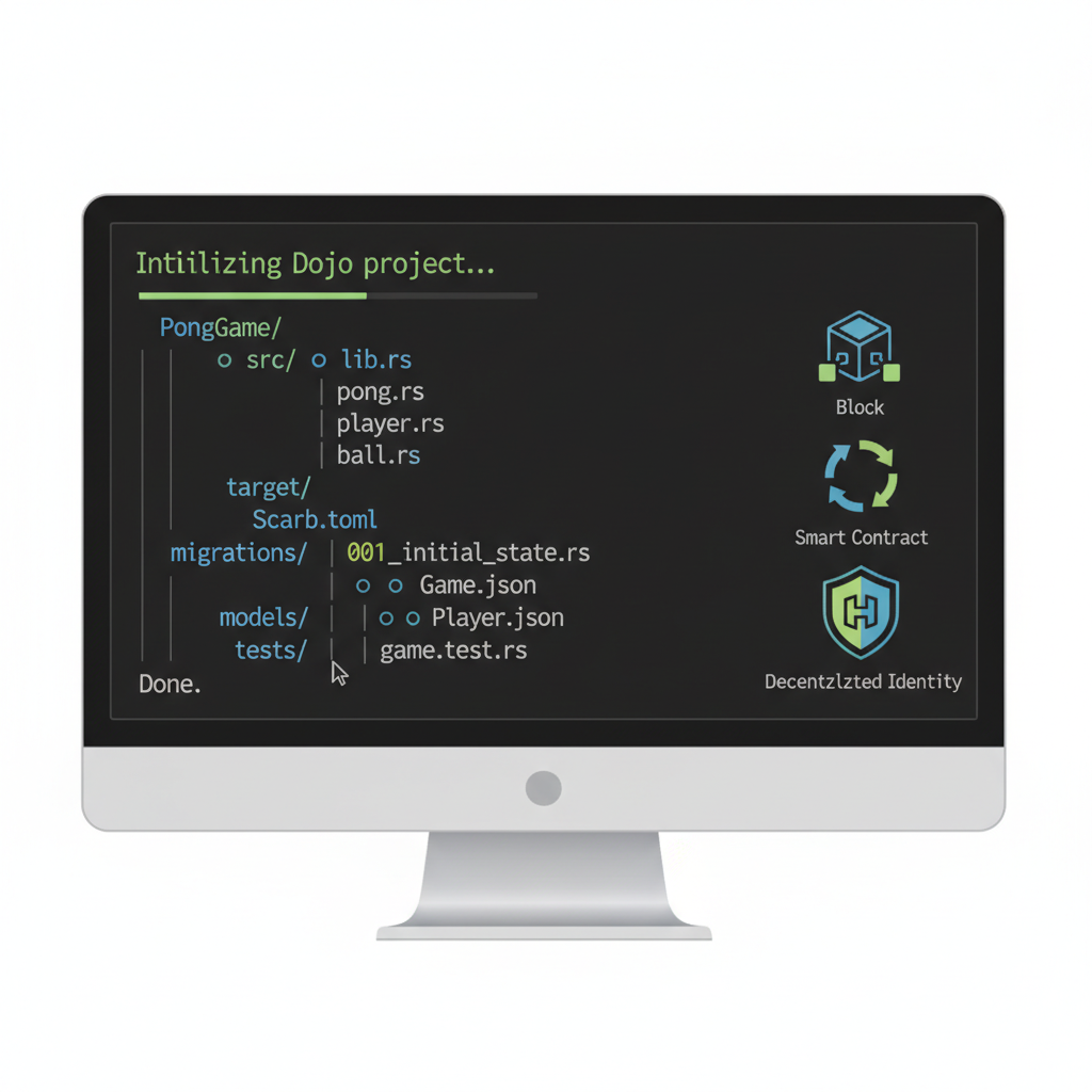 command line initializing Dojo project, Pong game folder structure, blockchain icons