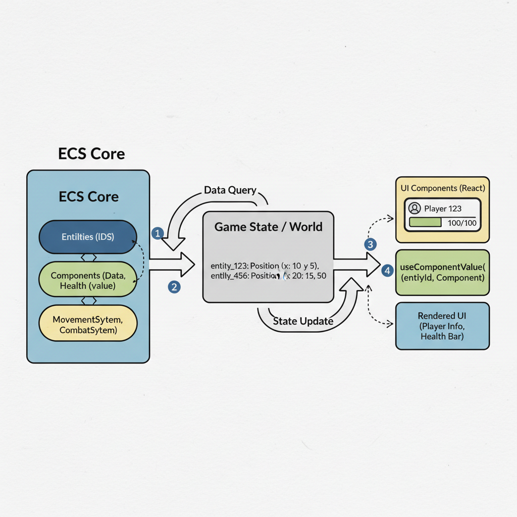 React code using useComponentValue hook for game entities, diagram showing ECS data flow to UI