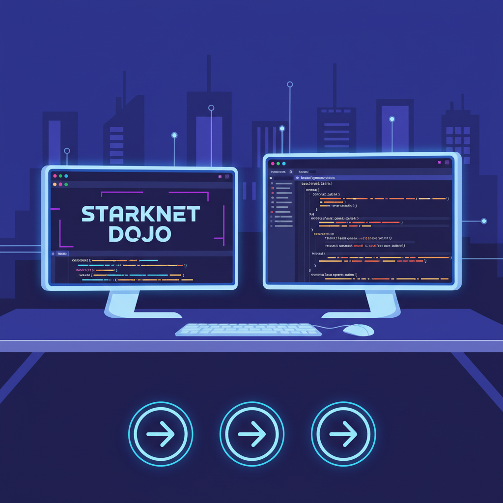 developer workstation with Starknet Dojo terminal, code editor open to Cairo files, futuristic neon glow