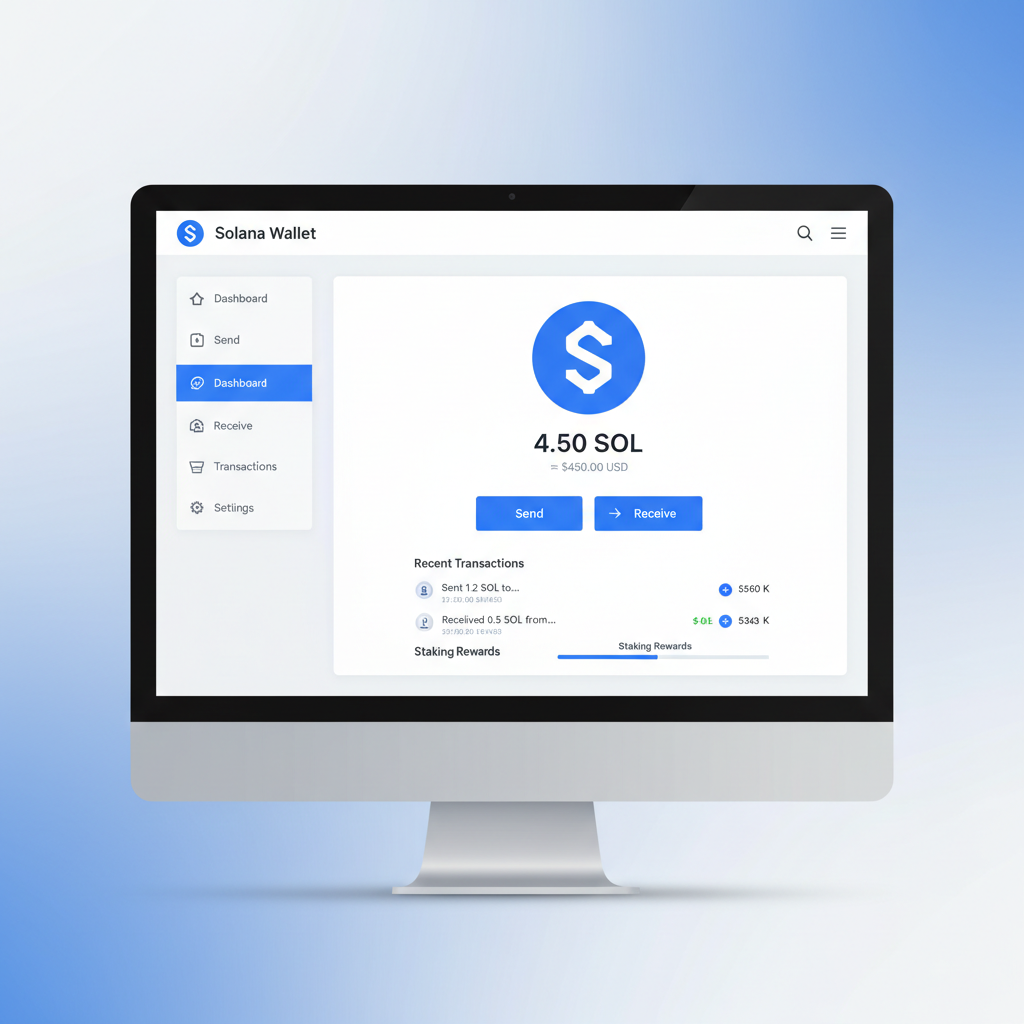 clean Solana wallet interface on desktop screen, professional UI, blue accents