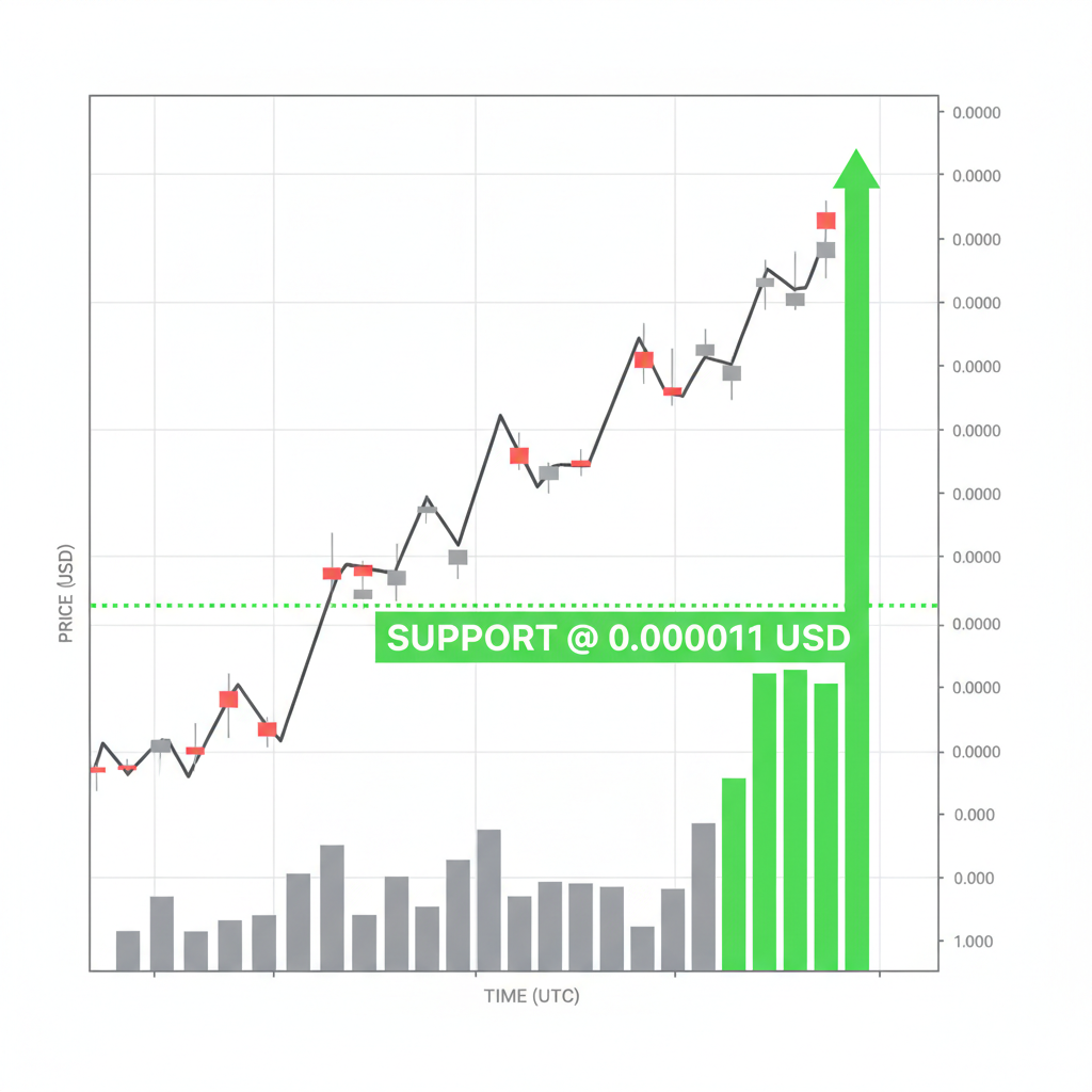 crypto price chart highlighting support at 0.000011 USD, green candle bounce, volume bars