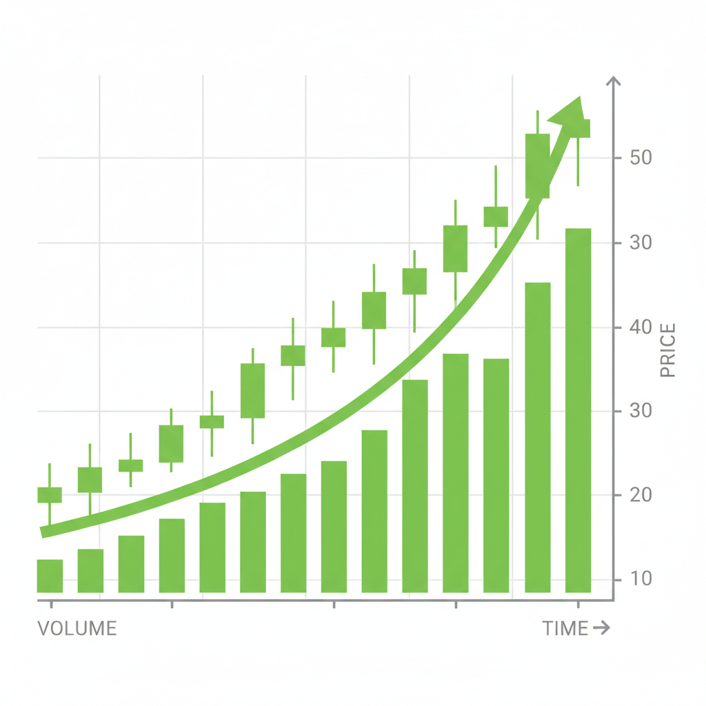 trading chart with increasing volume bars and scaling price uptrend, bullish candlesticks