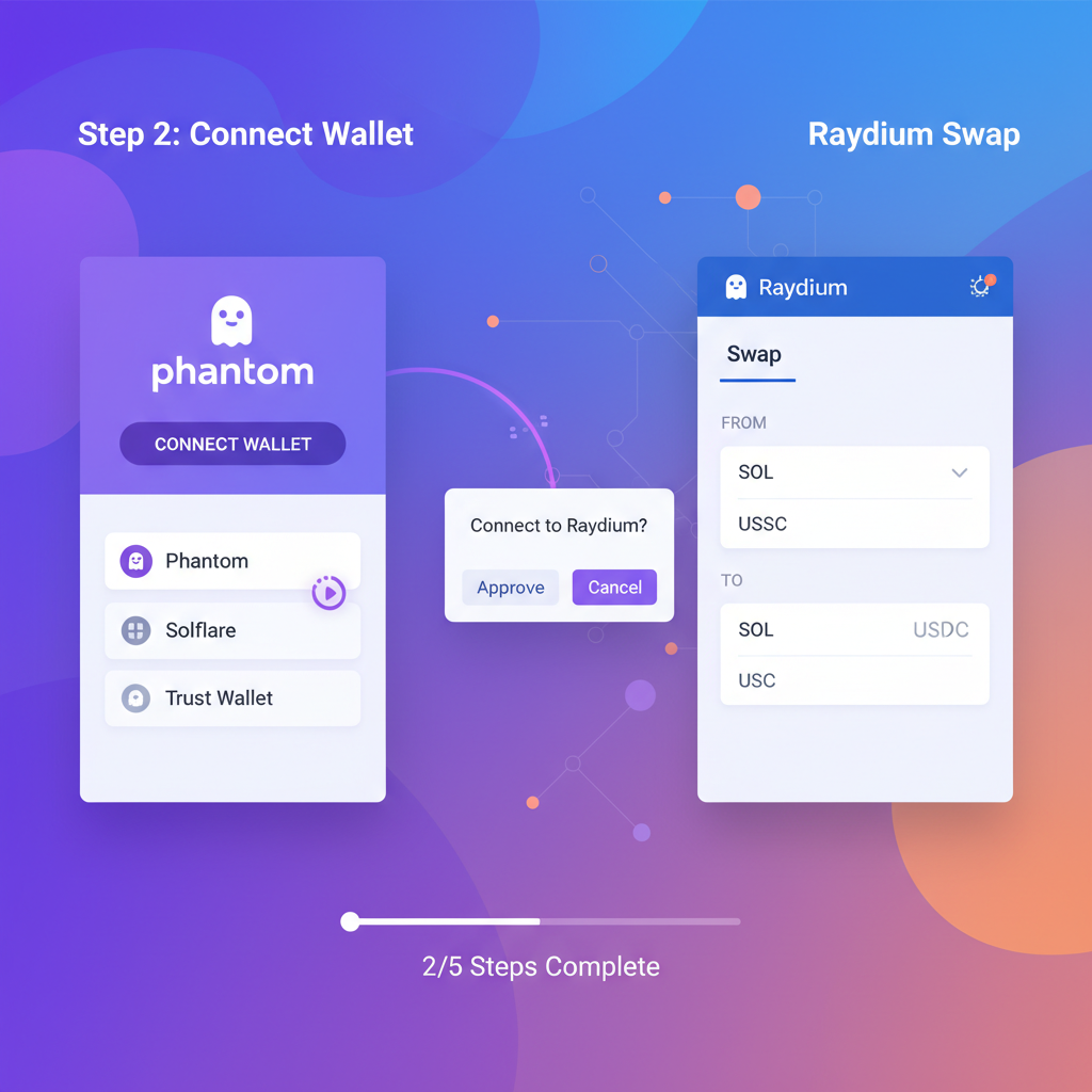 Phantom wallet connecting to Raydium DEX swap interface, Solana theme