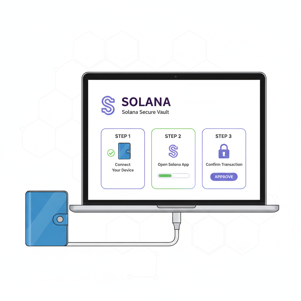 Ledger hardware wallet plugged into laptop, Solana app open, secure vault aesthetic