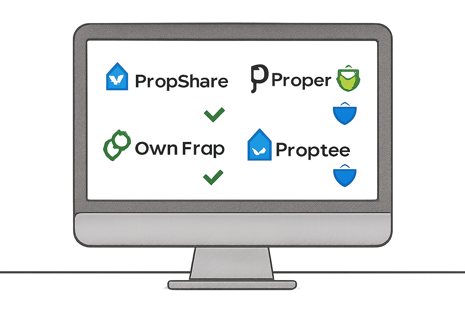 A computer screen displaying logos of PropShare, ProperFi, OwnProp, and Proptee, with checkmarks and security shields.
