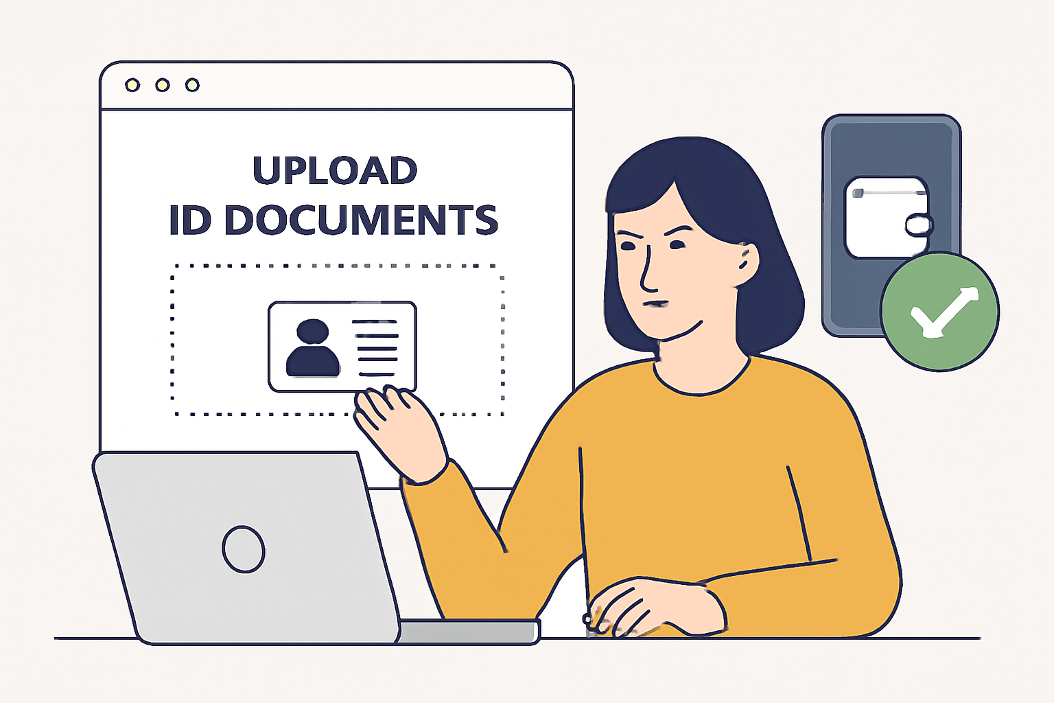A user uploading ID documents on a website, with a digital wallet app open and a green verification checkmark.