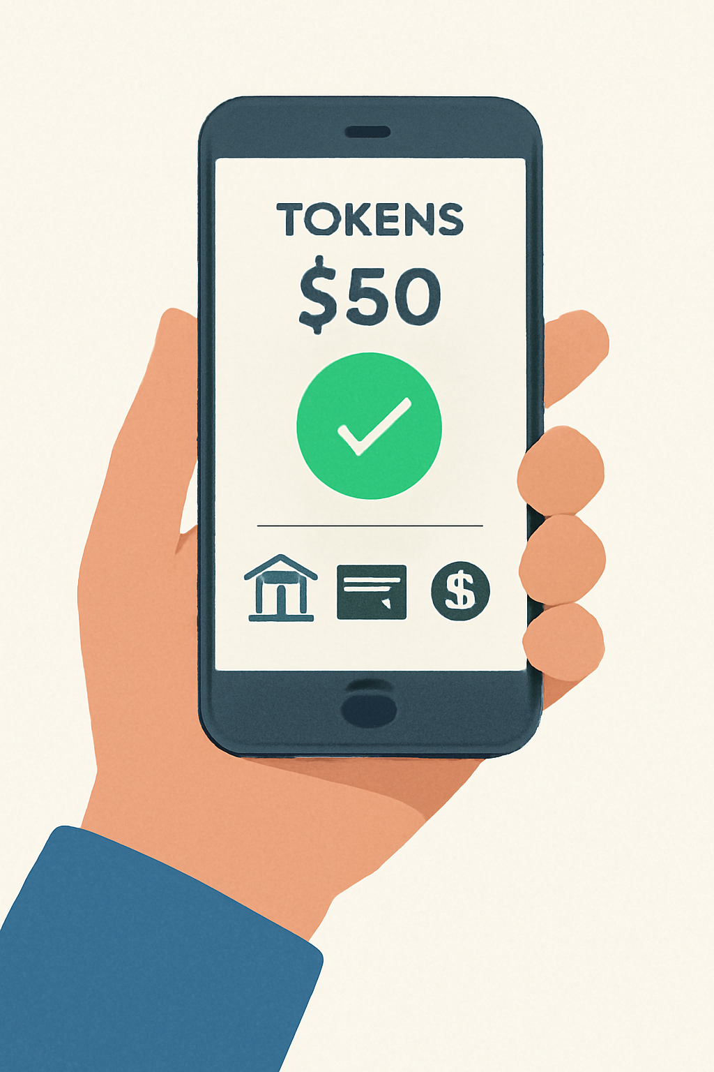 A hand holding a smartphone, confirming a $50 token purchase, with payment method icons (bank, card, crypto) visible.