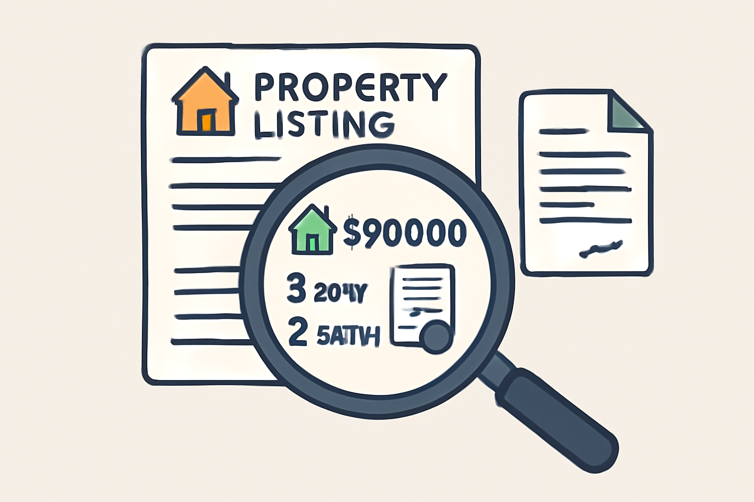 A magnifying glass over a digital property listing, highlighting key data points and legal documents.